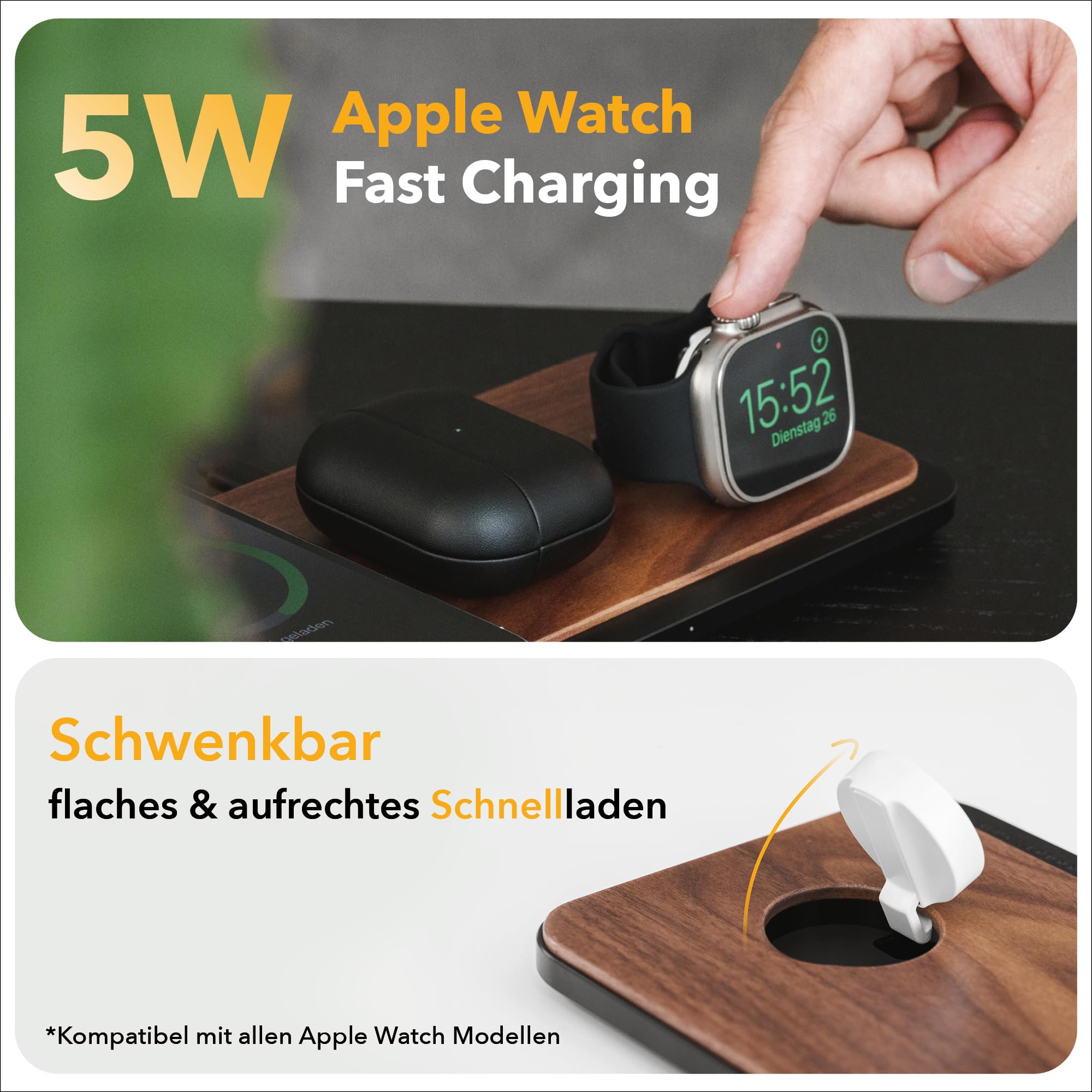 Woodcessories Multibase Pro - Stazione di ricarica 3 in 1 in legno | Magsafe Caricabatterie | Stazione di ricarica induttiva per iPhone, Apple Watch, Air Pods con adattatore da 45 W