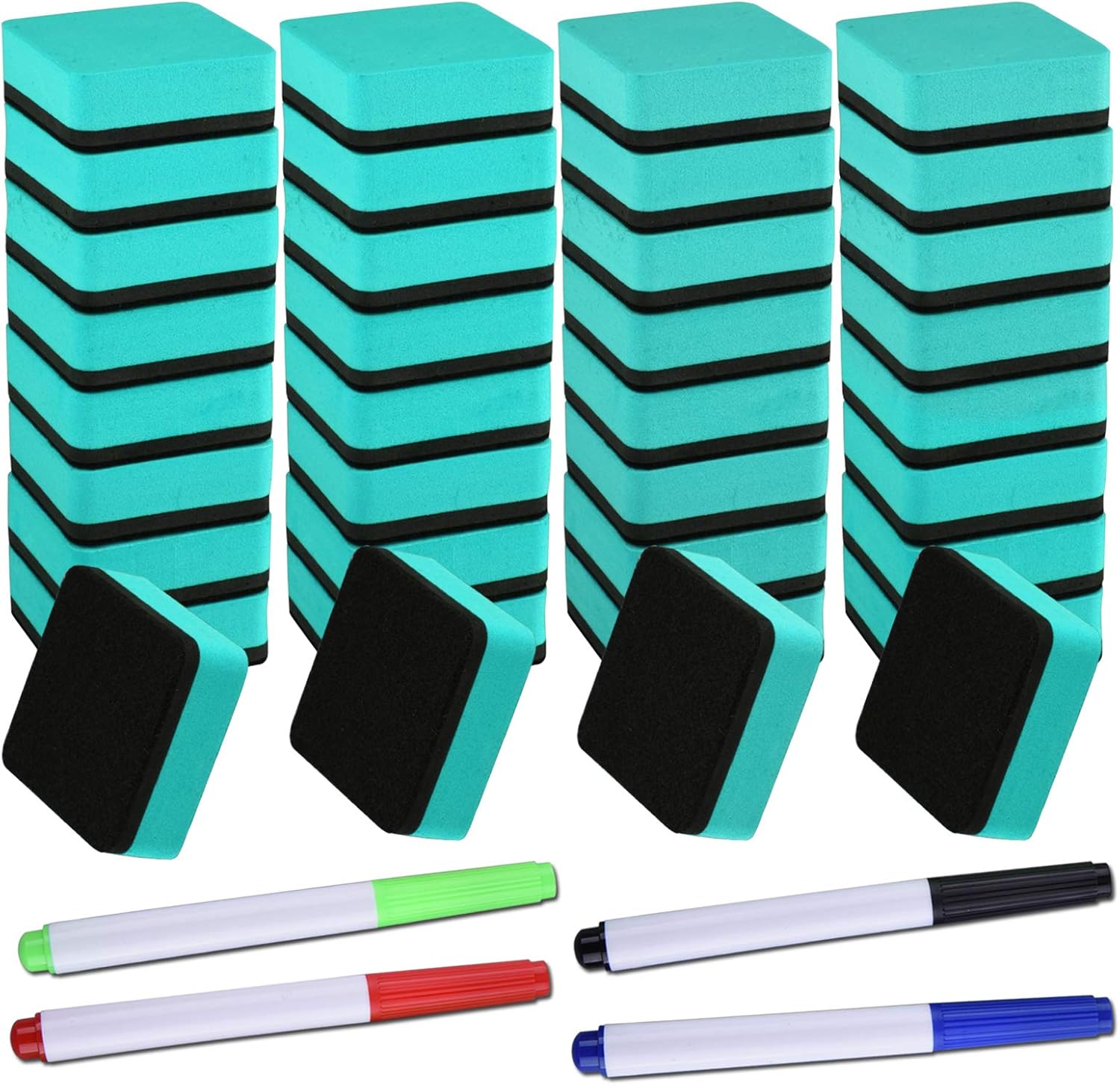 SIQUK 36 Packs Dry Erase Eraser Magnetic Whiteboard Eraser Green Chalkboard Cleansers Wiper(1.97 x 1.97 Inches) with 4 Pieces Whiteboard Markers : Office Products