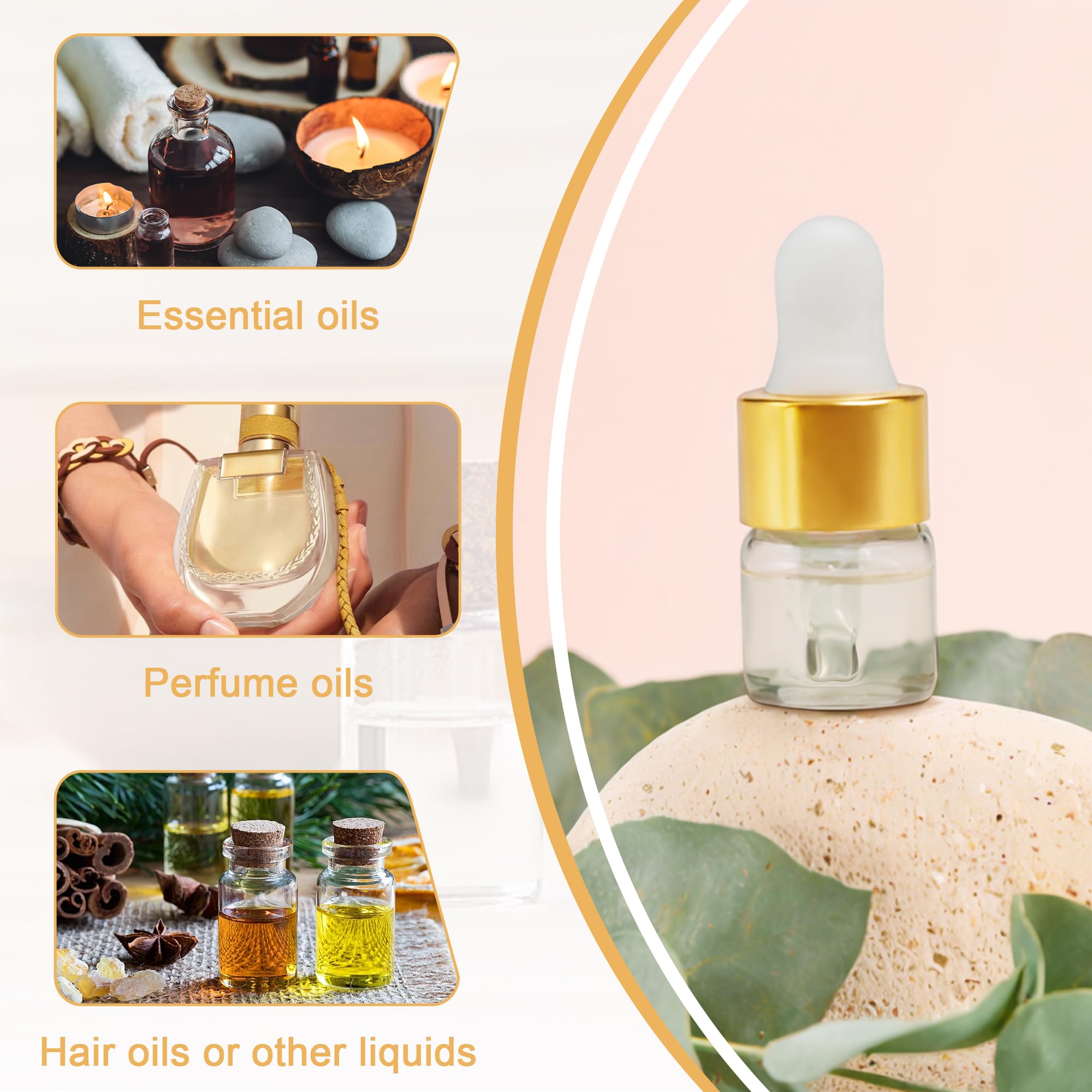 Mini botella cuentagotas de vidrio de 1 ml para aceite esencial, 10 unidades | Pequeño gotero transparente de viaje con tapa dorada, recipientes de perfume y líquidos cosméticos para viajes