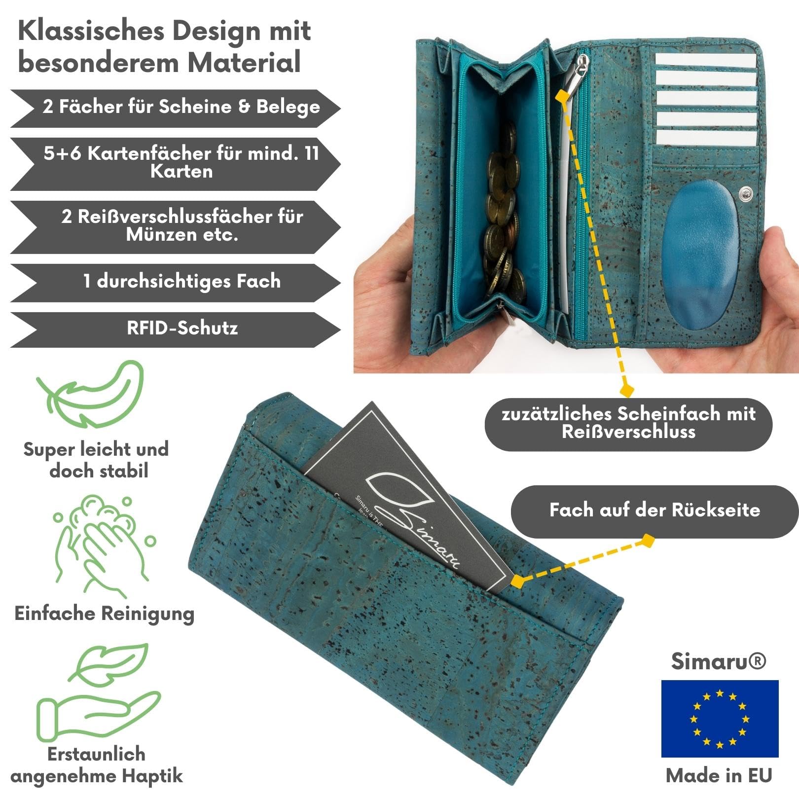 Simaru Damen Geldbörse aus Kork, veganes nachhaltiges Portemonnaie mit RFID-Schutz, Geldbeutel Made in EU, robust und wasserabweisend