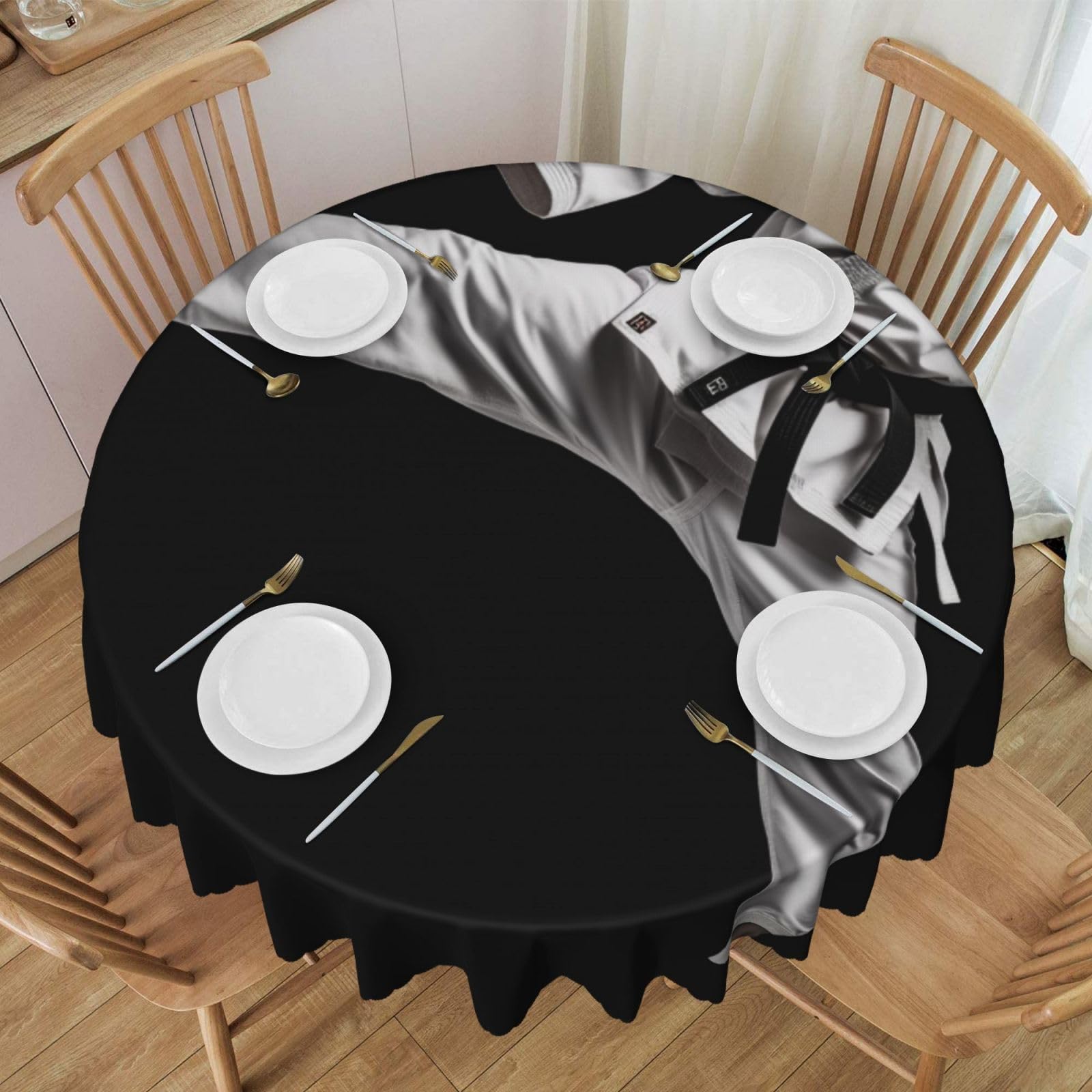 WPKJU Taekwondo Martial Arts Printed Round Tablecloth 60 Inch with Lace Trim, Water-Resistant Washable Table Cover for Farmhouse Weddings, Outdoor Picnics & Holiday Dining