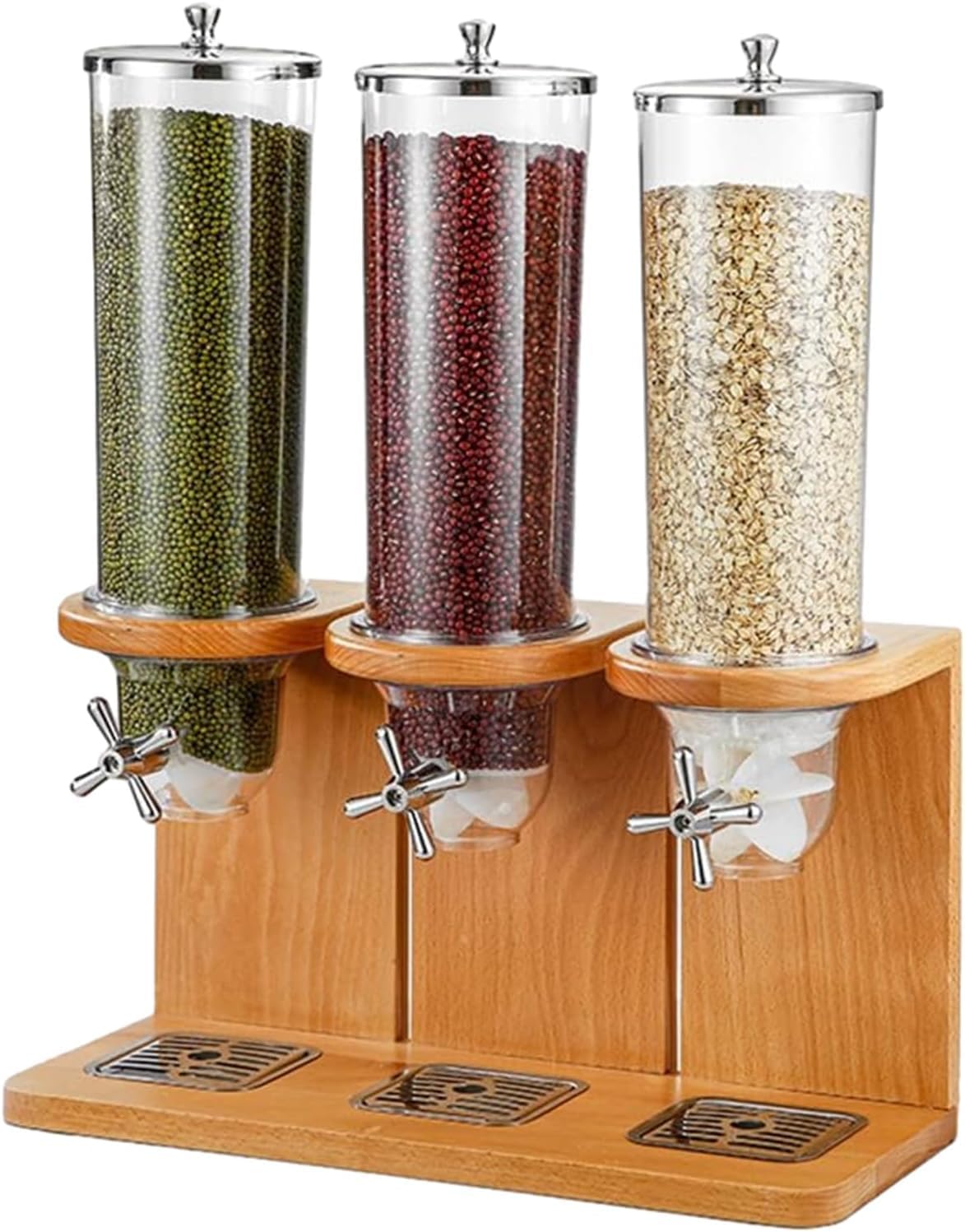 Cereal Dispenser with Wooden Base - 3-Barrel Dry Food Storage Container, Easy Clean Countertop Organizer, Includes PC Bucket for Efficient Dispensi