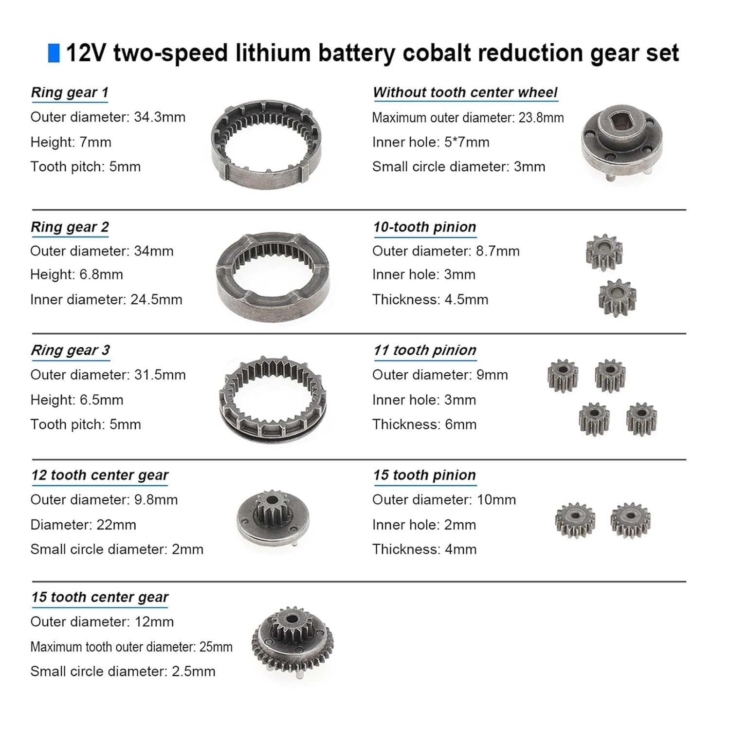 15 Teeth 18 Teeth Charging Drill Single Speed Gear Set 12V Two-Speed Double Speed Planetary Gear Set Reduction Gear Accessories(20pcs Set)