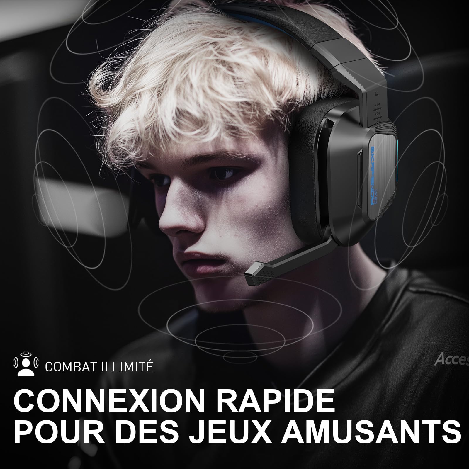 VK82 Casque Gaming sans Fil avec Microphone, 2.4GHz Casque Bluetooth Annulant Le Aruit pour Ps4, Ps5, PC, Switch, Mac, Casque de Jeu Pliable avec Éclairage RGB, Batterie de 50h -Noir Bleu