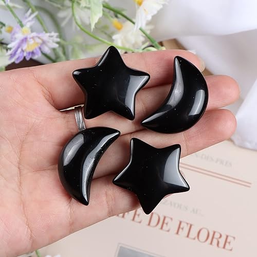 Miniatura 3 de 4 piezas de cristales de obsidiana negra, estrella, luna, piedras preciosas a granel, piedras preciosas de bricolaje para meditación y regalos
