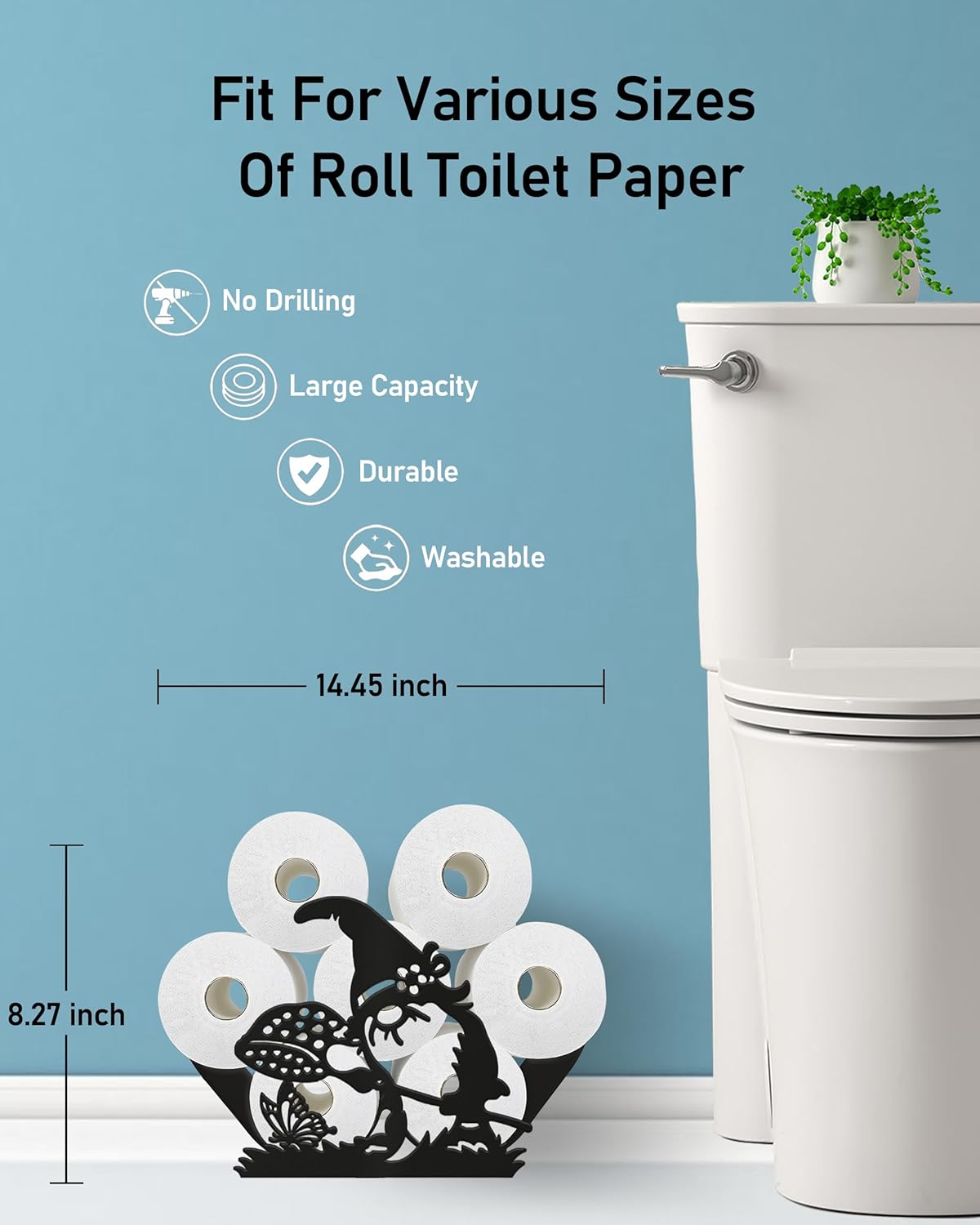 Playful Gnomes Toilet Paper Holder Stand for Extra 8 Rolls, Funny Dwarf Decorative Free Standing Toilet Paper Storage, Farmhouse Bathroom Animal Decor Accessories Storage Cabinet