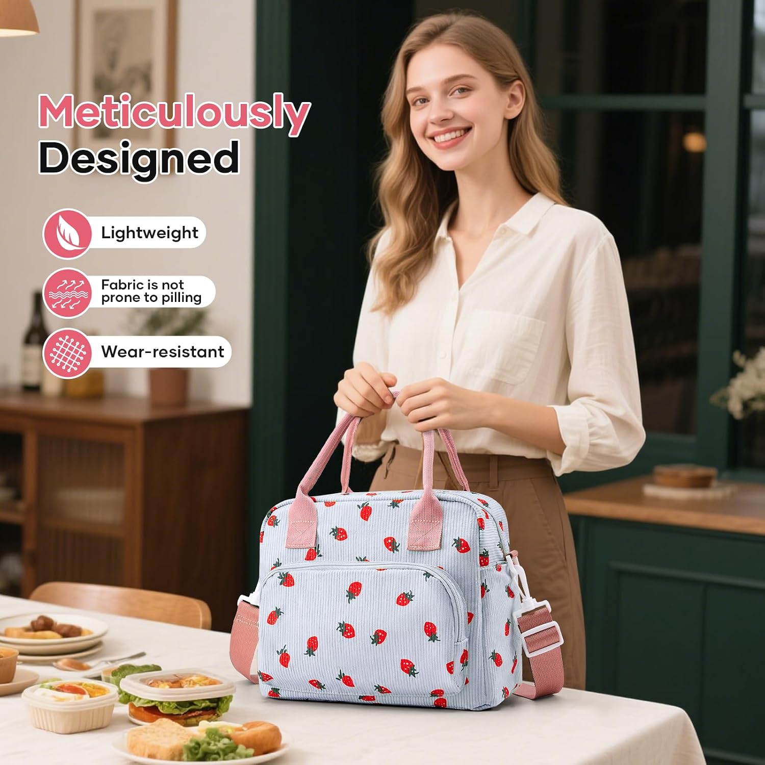 Cute Lunch Bag for Women, Corduroy Insulated Lunch Box for Work Lunch Tote Bag Women, Reusable Insulated Cooler Lunch Box for Travel image 4