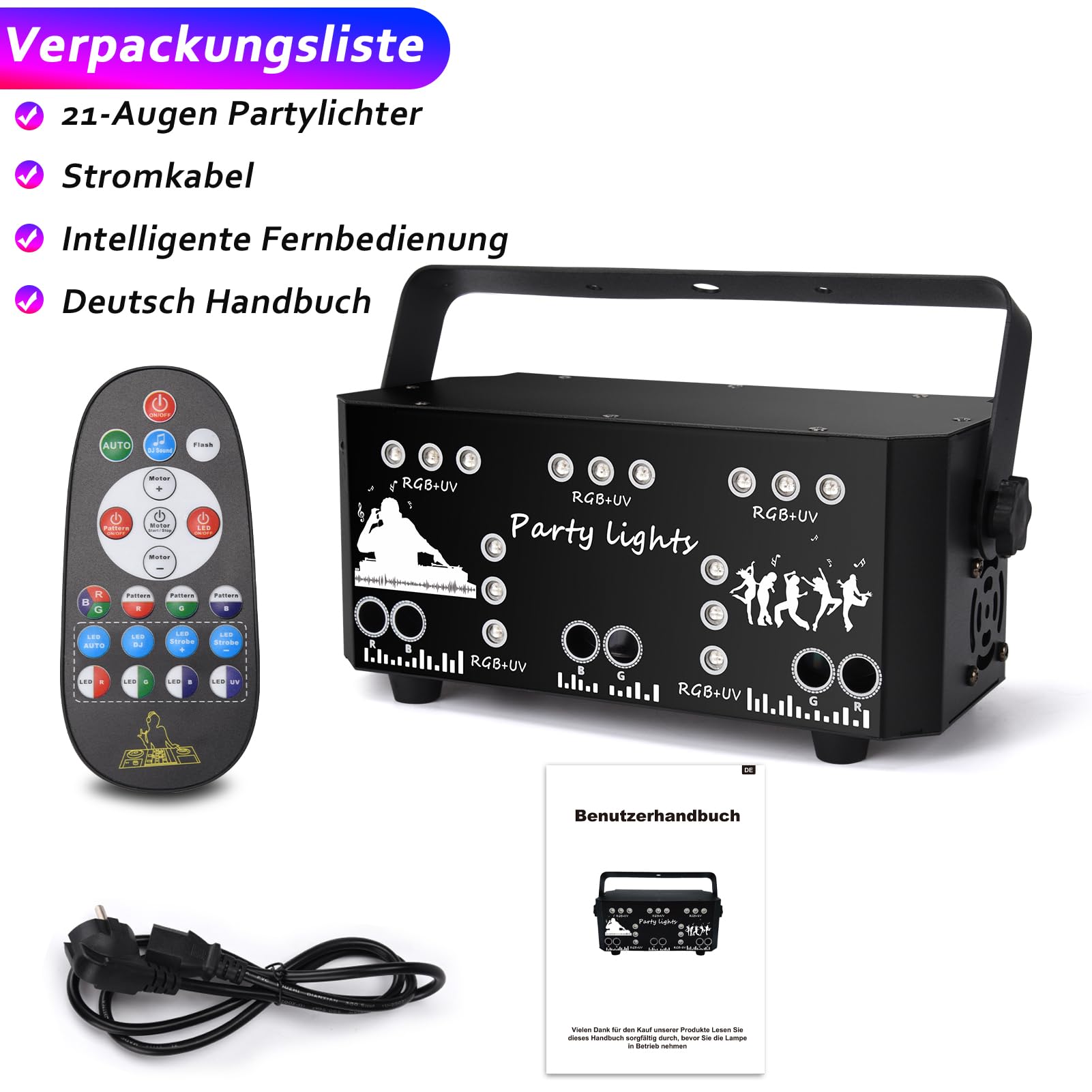 Fwiull Luce da discoteca per feste con telecomando, DMX controllata dalla musica, luce stroboscopica, proiettore DJ, luci LED RGB per Halloween, Natale, club (WRSL23)