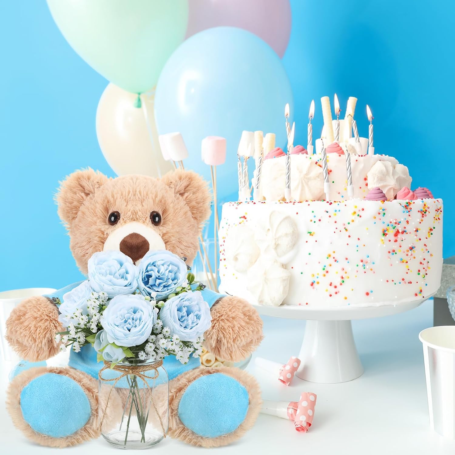 Blue 6 Set Baby Shower Bear Centerpieces for Tables Mason-Style Glass Jars with Artificial Peonies and Baby's Breath Rustic Table Decor for Gender Reveal Party Wedding