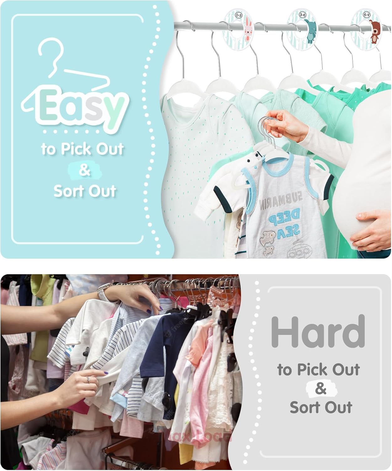 VIS'V Baby Hangers, 11 Inch Velvet Kids Hangers with 6 Pcs Clothes Size Dividers, Infant Toddler Nursery Closet Organization, Non Slip, White, 50 Pcs - Image 6