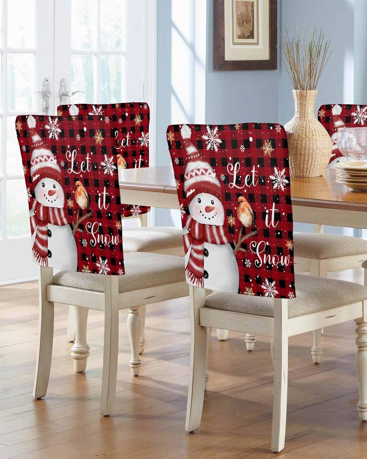 DecorLovee Red Plaid Snowman Christmas Chair Back Cover, Christmas Dining Chair Protector Covers, Xmas Snowflake Birds Chair Covers Removable Chair Slipcovers for Weeding Banquet Party 19"x20", 4 Pack