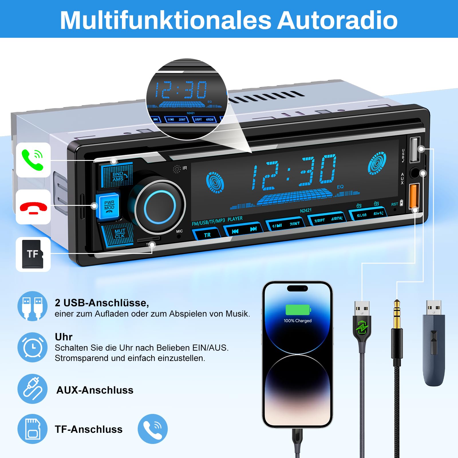Autoradio Bluetooth,Auto Radio Bluetooth Radio mit 7 Farben Licht Einstellbar 1 Din Autoradio Bluetooth FM mit 2USB/AUX/TF MP3 Player Unterstützt iOS und Android
