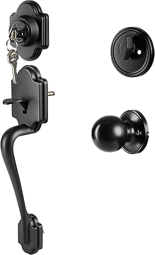 Ilyapa Manija de puerta de entrada frontal con cerrojo  Tradicional  Manija exterior elegante negro mate con cerrojo de un solo cilindro y perilla,