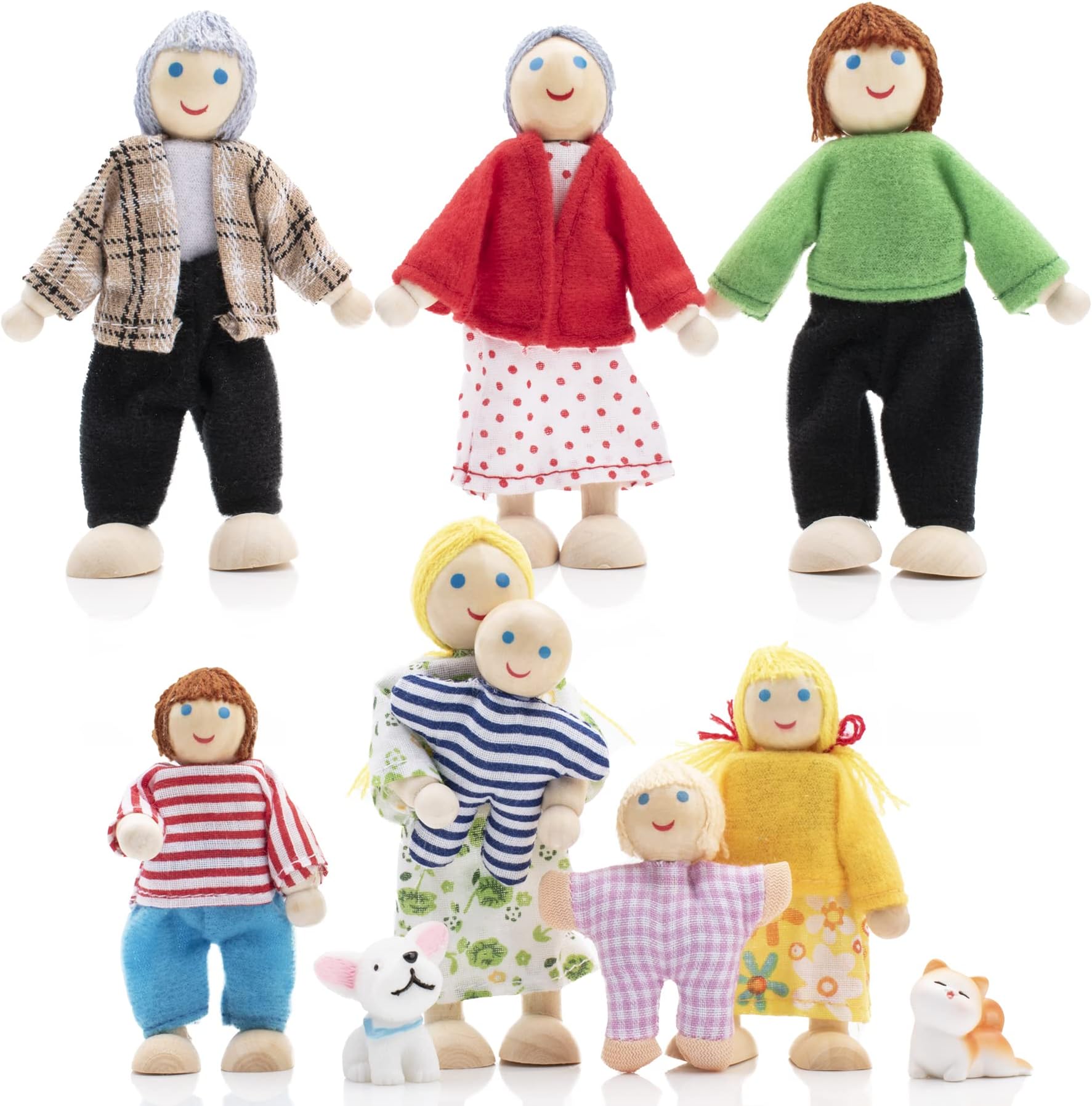 Jzszera Wooden Doll House People of 8 Miniature Figures and 2 Pets, Dollhouse Dolls Family Set- Dollhouse Accessories for Girls Toddler Kids Pretend Play and Imaginative Fun