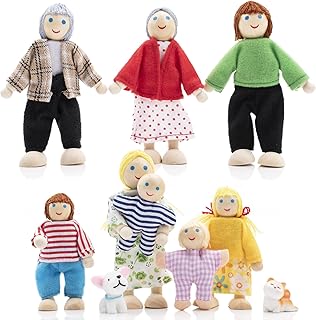 Jzszera Wooden Doll House People of 8 Miniature Figures and 2 Pets, Dollhouse Dolls Family Set- Dollhouse Accessories for Girls Toddler Kids Pretend Play and Imaginative Fun