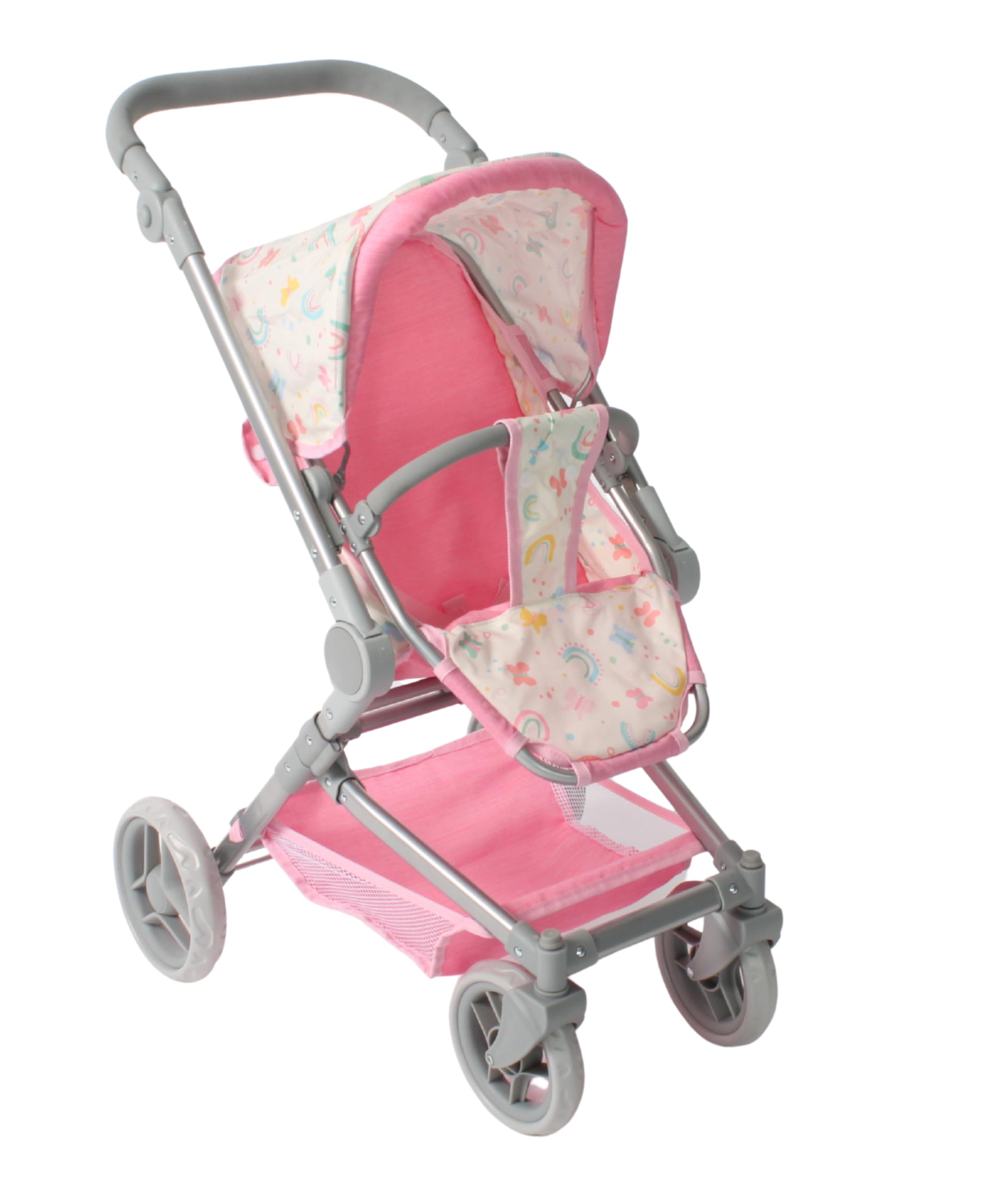 Bayer Chic 2000 - Carrozzina per bambole Fides, set passeggino 3 in 1 composto da navicella, seggiolino sportivo e seggiolino auto, farfalle, rosa
