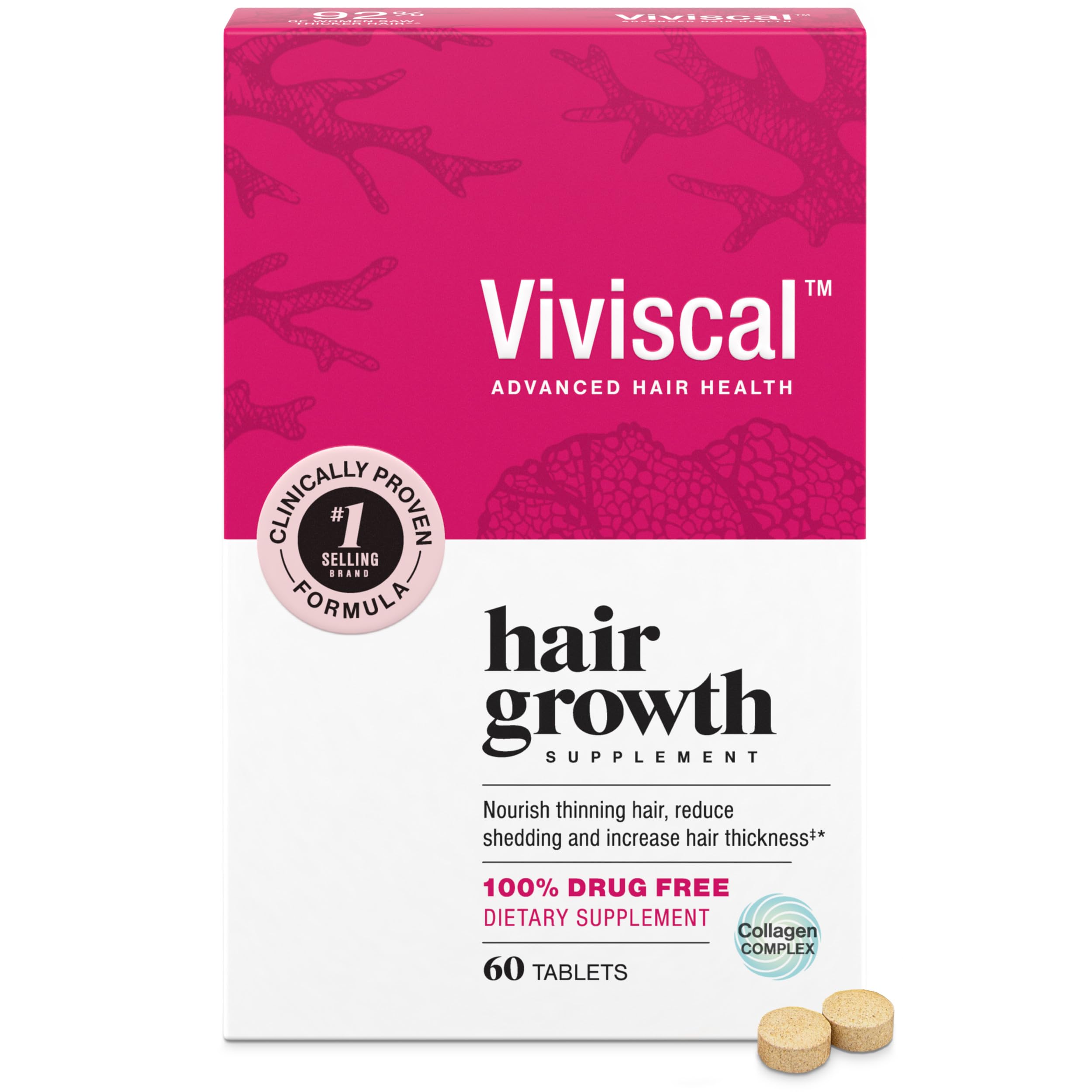ViviscalHair Growth Supplements For Women For Thicker, Fuller Hair, Nourishes Thinning & Loss, With Proprietary Collagen Complex, 60 Tablets, 1 Month Supply