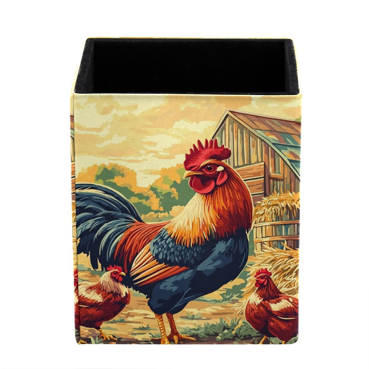 Rooster Chicken Farmhouse Pen Holder Pen Pot, Square Pencil Cup for Desk