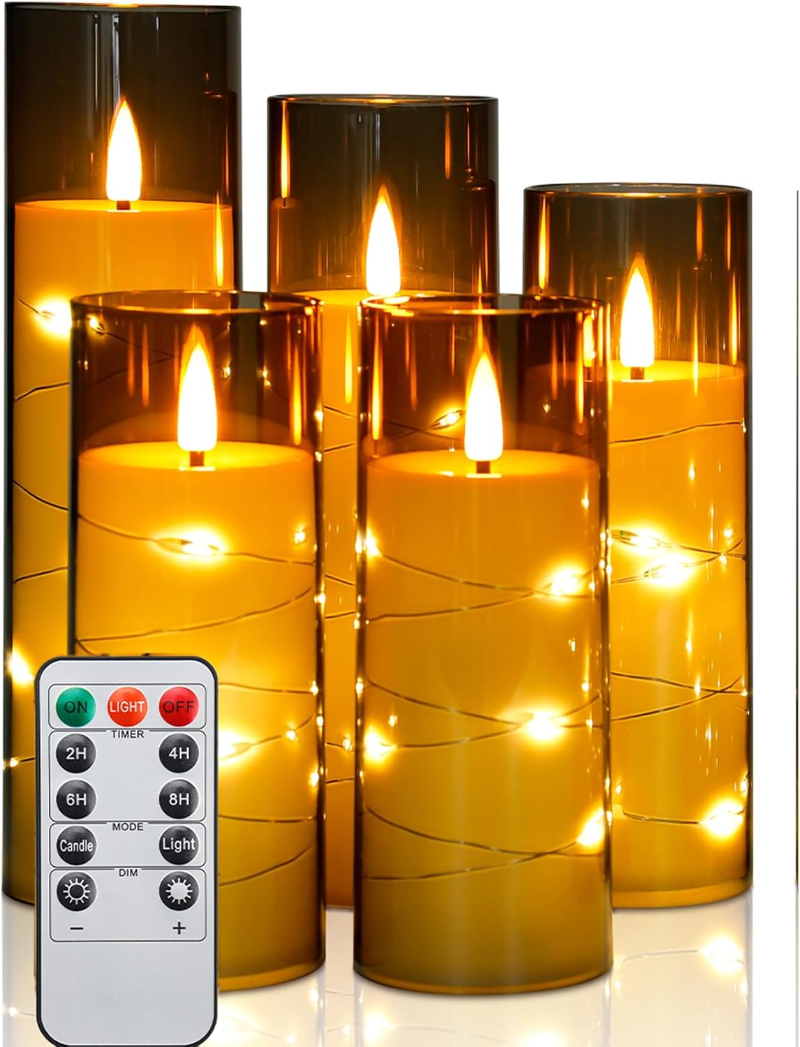 Enido Flameless LED Candles with Remote & Timer, Battery Operated Acrylic Pillar Set, 5 Pc Flickering Electric Lights with Embedded Star String for Cozy Home & Holiday Romantic Decor (Grey)