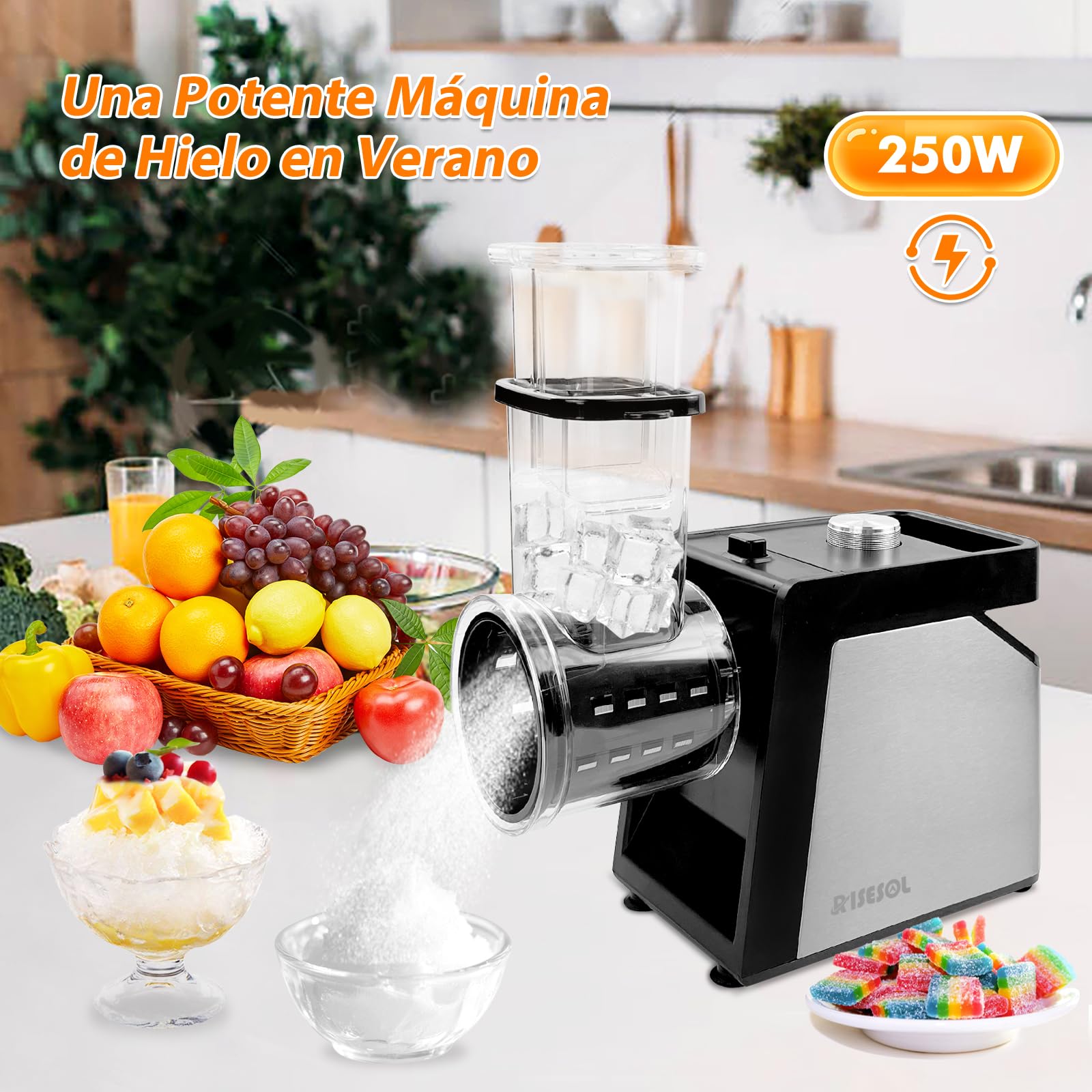 Cortador de Verduras Eléctrico 7 en 1 250W Acero Inoxidable Mandolina Multifuncional 220V Enchufe UE