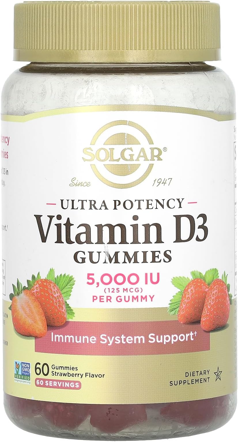 Vitamin D3 Gummies for Adults 5,000IU Ultra Potency Vitamin Immune System Support for Women & Men - Tasty Strawberry Flavor, Gluten & Gelatin Free Gummy, 2 Month Supply, 60 Servings, 2g Sugar