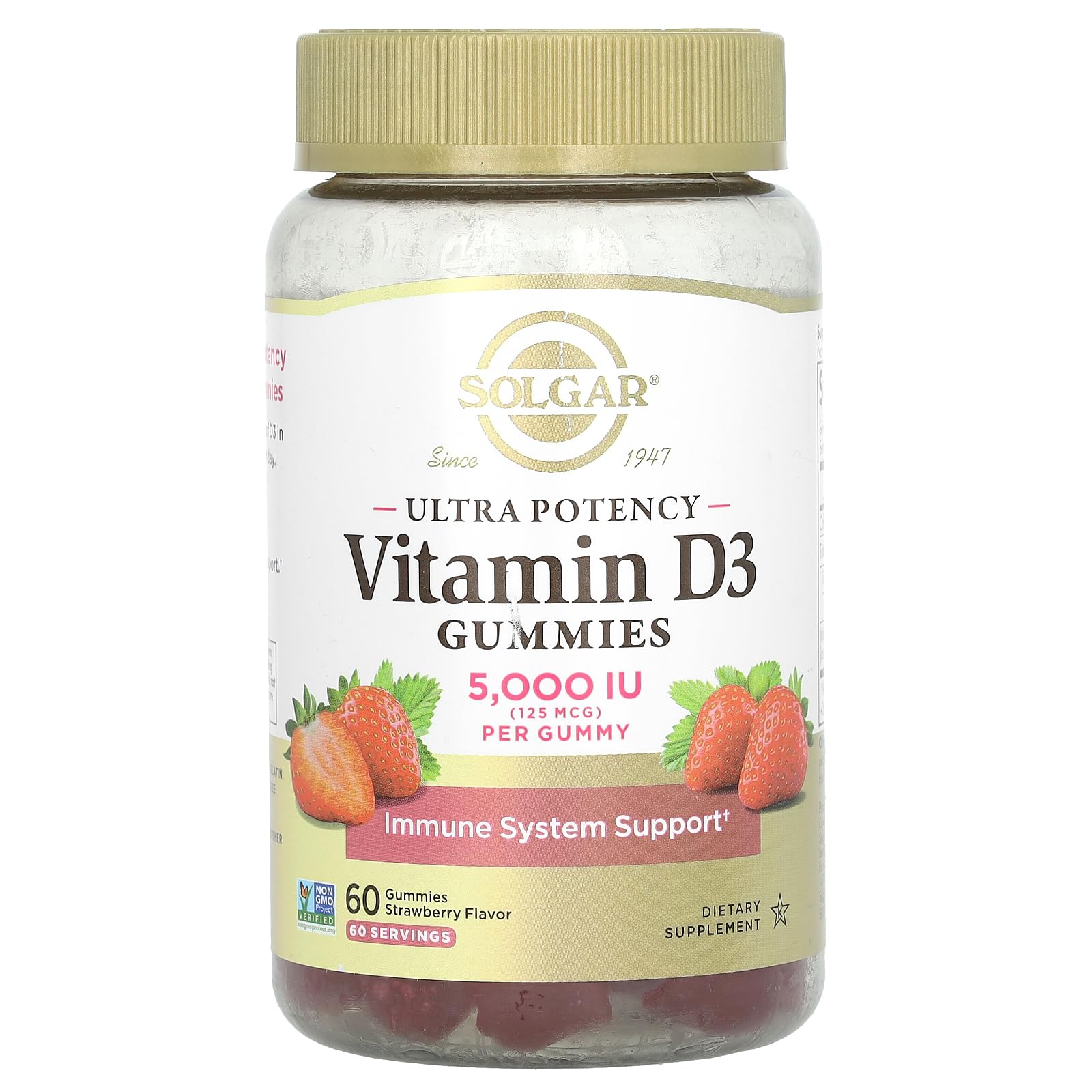 SolgarVitamin D3 Gummies for Adults 5,000IU Ultra Potency Vitamin Immune System Support for Women & Men - Tasty Strawberry Flavor, Gluten & Gelatin Free Gummy, 2 Month Supply, 60 Servings, 2g Sugar