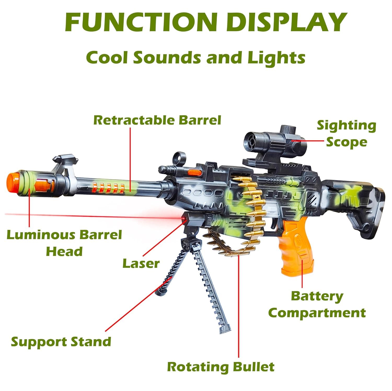 Kidoyz Revolving Machine Gun Toy with Stand and Carry Strap, Flashing Lights & Sound Effect | Army Printed/Multi Color 2