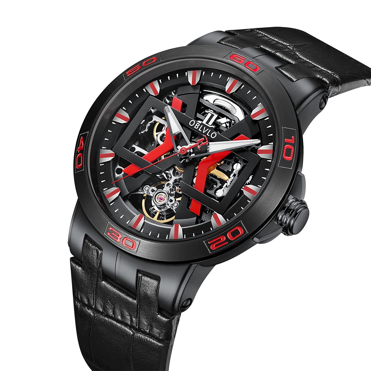OBLVLO Stahl Automatikuhren mit Skeleton Zifferblatt Lederband Big Watch UM