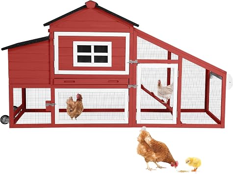 Chicken Coop, Mobile Chicken House with with Wheels, Outdoor Hen House Poultry Cage with Nesting Box, Leakproof Pull Out Tray and UV-Resistant Roof,Rabbit Hutch Duck Coop Red