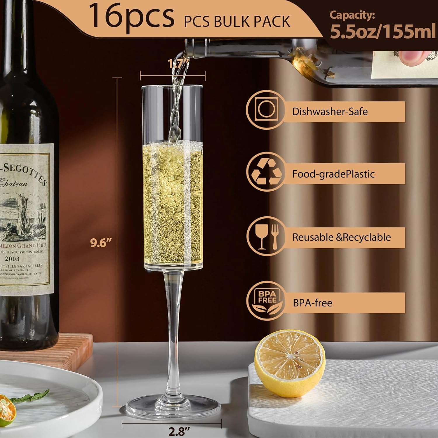 16 Pack Acrylic Champagne Flutes, 5.5 Oz Unbreakable Goblet Glasses Reusable Champagne Toasting Cups - Modern & Elegant for Wedding Party Anniversary Christmas Birthday - Image 2