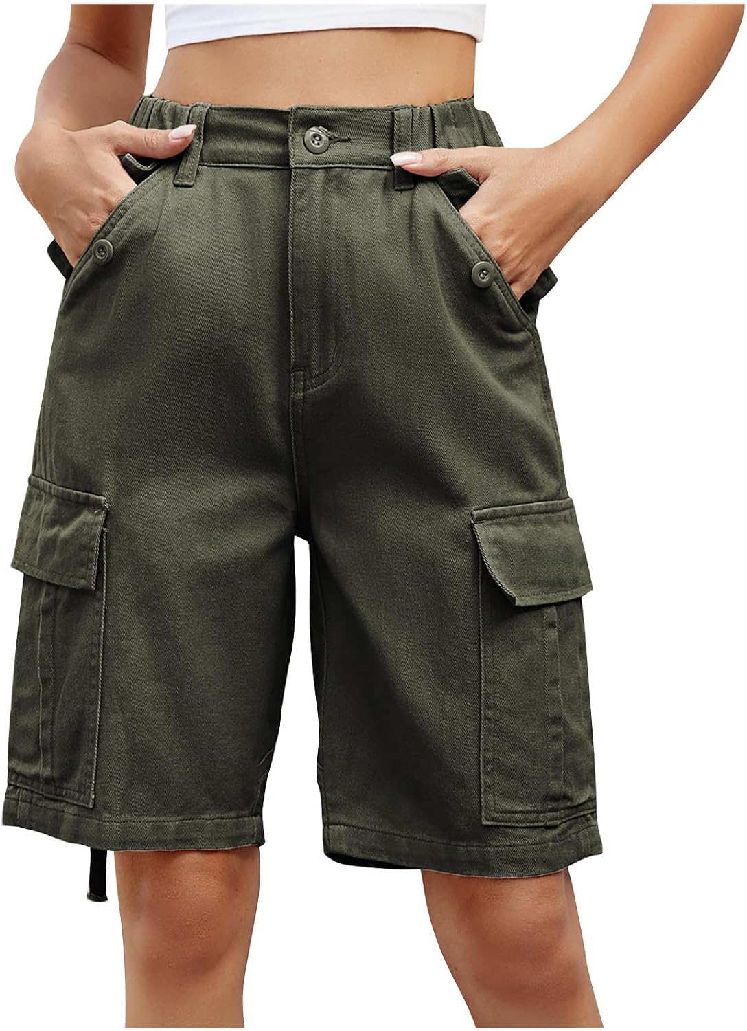 FZYLQY Cargo Shorts Women Elastic Waist Bermuda Shorts Summer Casual Trendy Knee Length Long Hiking Shorts with Pockets
