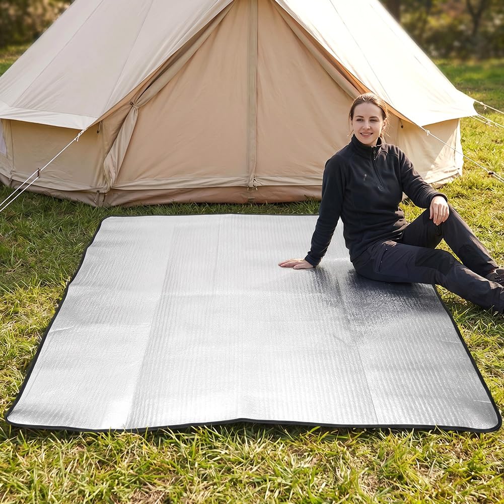 Podkładka pod namiot, mata izolacyjna na podłogę, mata termiczna do kampera, 200 x 200 cm – składana, aluminiowa mata izolacyjna z EPE i folią aluminiową, wodoszczelny koc izolacyjny na kemping