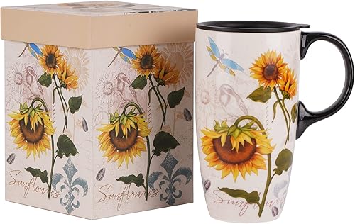 Miniatura 1 de DUSVALLY Taza de café de cerámica con tapa, taza de té de latte de porcelana con asa 16.9 fl oz17 oz, girasol, regalos para mamá