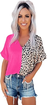 Womens Summer V-Neck Casual Short Sleeve Shirt Tops Loose Leopard Print Blouse Business Work Patchwork Tunic Chiffon