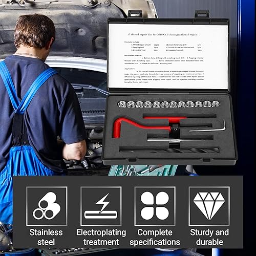 Miniatura 2 de Kit de reparación de roscas, 17 piezas M10 x 1.5 Kit de herramientas de reparación de roscas de acero inoxidable kit de inserción de reparación de