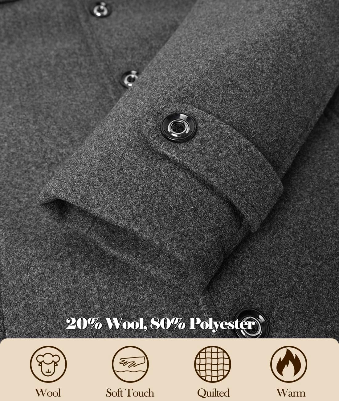 Men's Trench Coat Wool Blend Pea Coat Warm Winter Quilted Lined Jacket Single Breasted Overcoat - Image 4