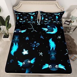 Homewish Cute Axolotl Fitted Sheet,Full Size Black Blue Axolotl Collections Kawaii Animals Theme,Soft Decorative Fabric Bedding Deep Pocket for Children Teens Young Boys Girls,with 2 Pillowcases