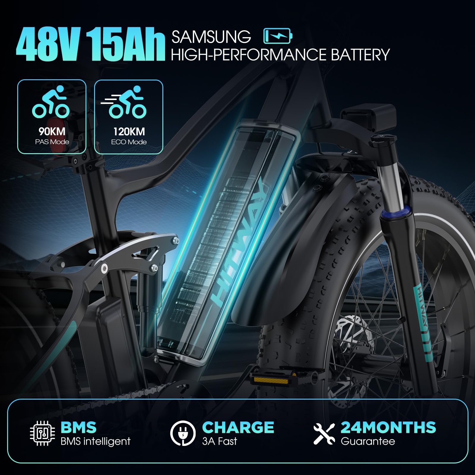 HITWAY Bicicleta Eléctrica Fat Bike 26×4,0 Pulgadas, hasta 120 km de autonomía, Sensor de Par, Motor de 250 W, Batería Samsung 48 V 15 Ah con BMS, App y NFC, Pantalla LCD, Frenos de Disco Hidráulicos
