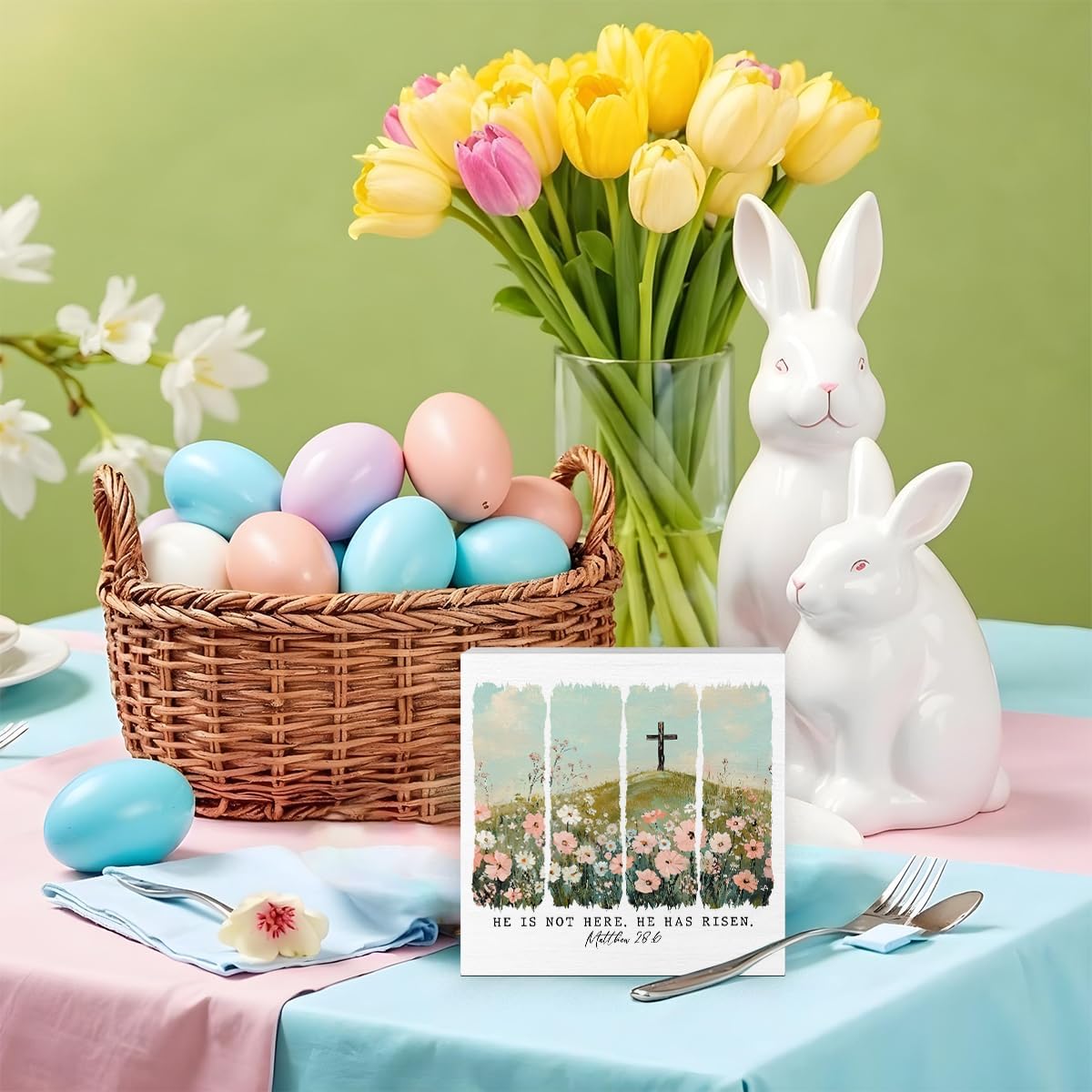 Christian Easter Decor, Jesus Easter Decoration, Aesthetic Boho Wildflower Wooden Box Decor for Rustic Home Girls Room Apartment Table Shelf Office-He is Risen Matthew 28:6 image 4