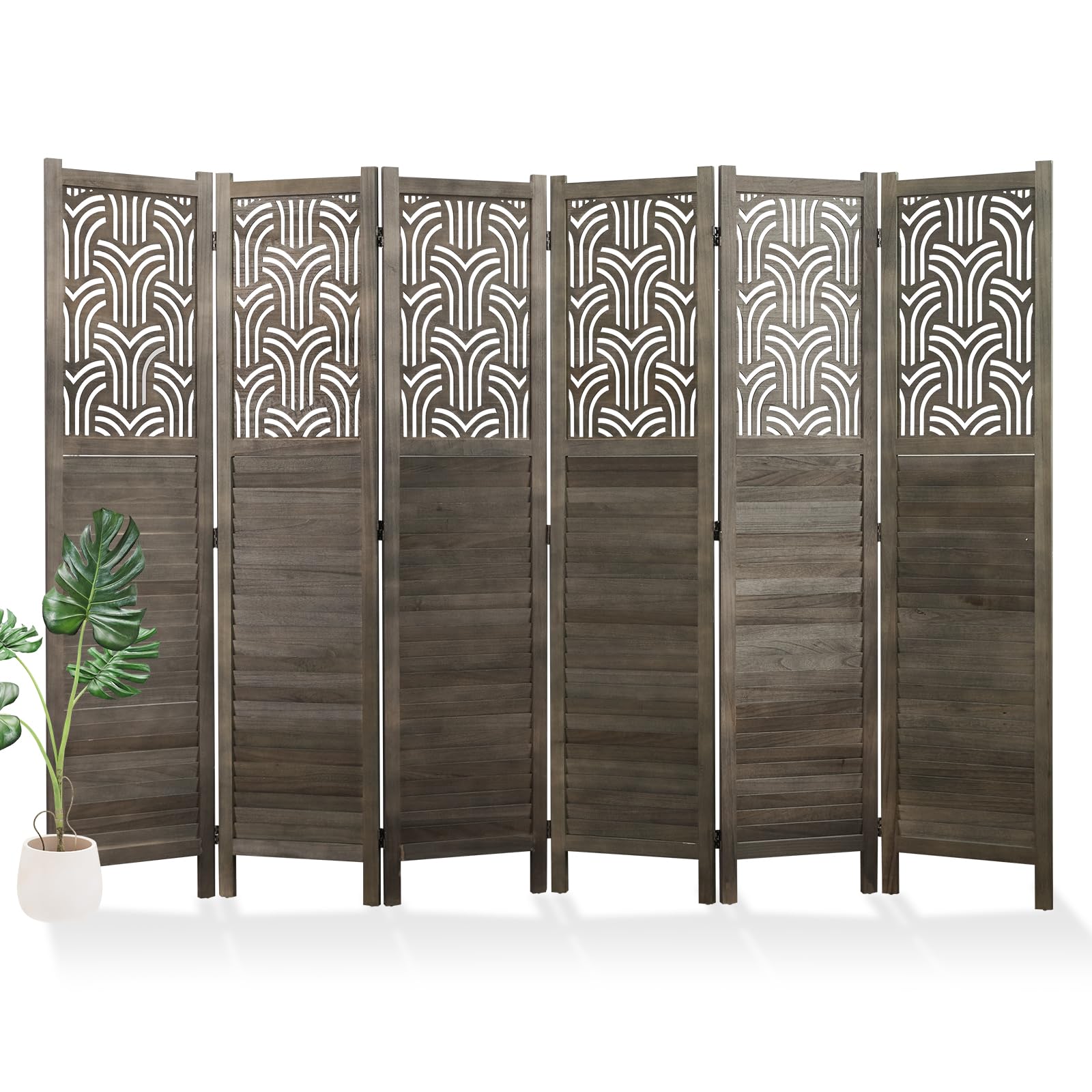Svimi Folding Room Divider, 66.9 Inch 6 Panels Wood Carved Privacy Screens, Free Assembled Freestanding Portable Separation Wall for Home Office