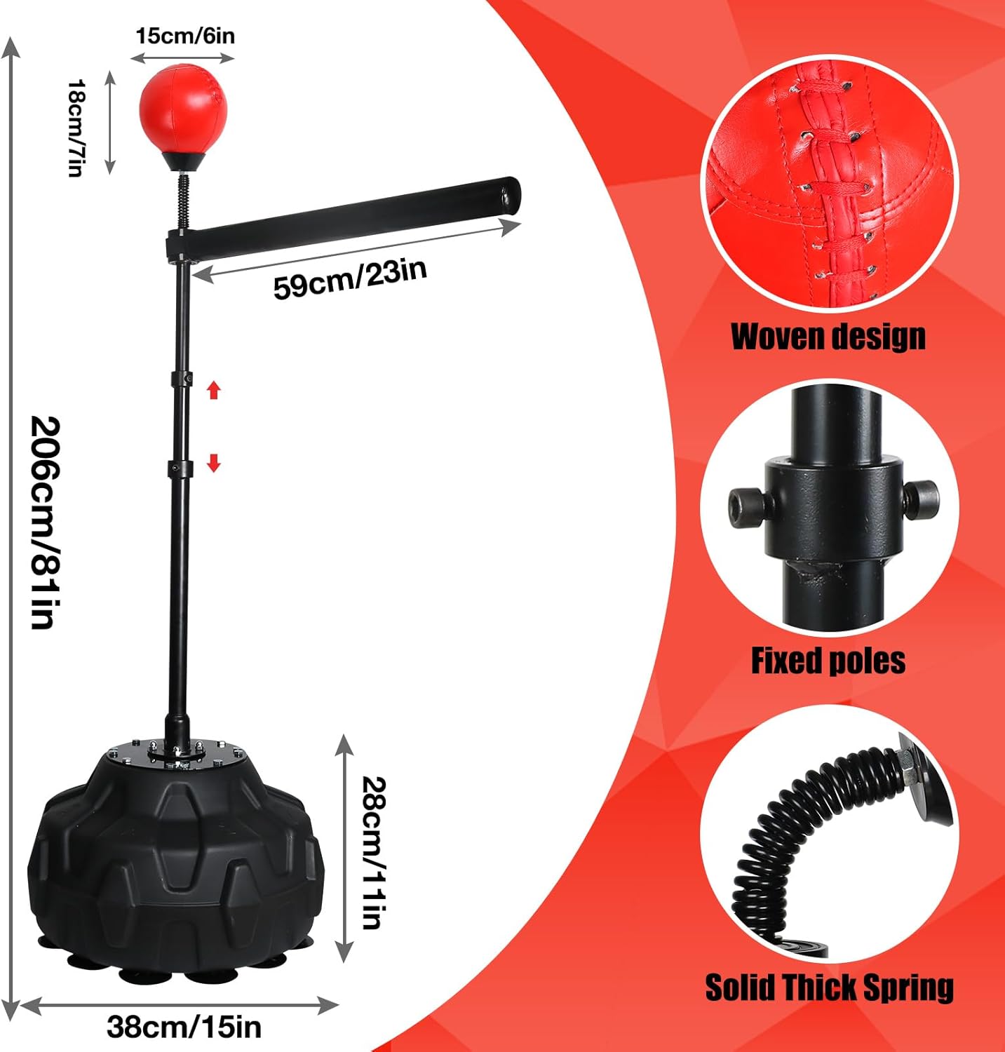 Solid Reflex Bag Boxing Speed 45-80in Trainer Punching Bag Spinning Bar Training Boxing Ball with Reflex Bar Free Standing Adjustable Height for Adult Youth Red - Image 4