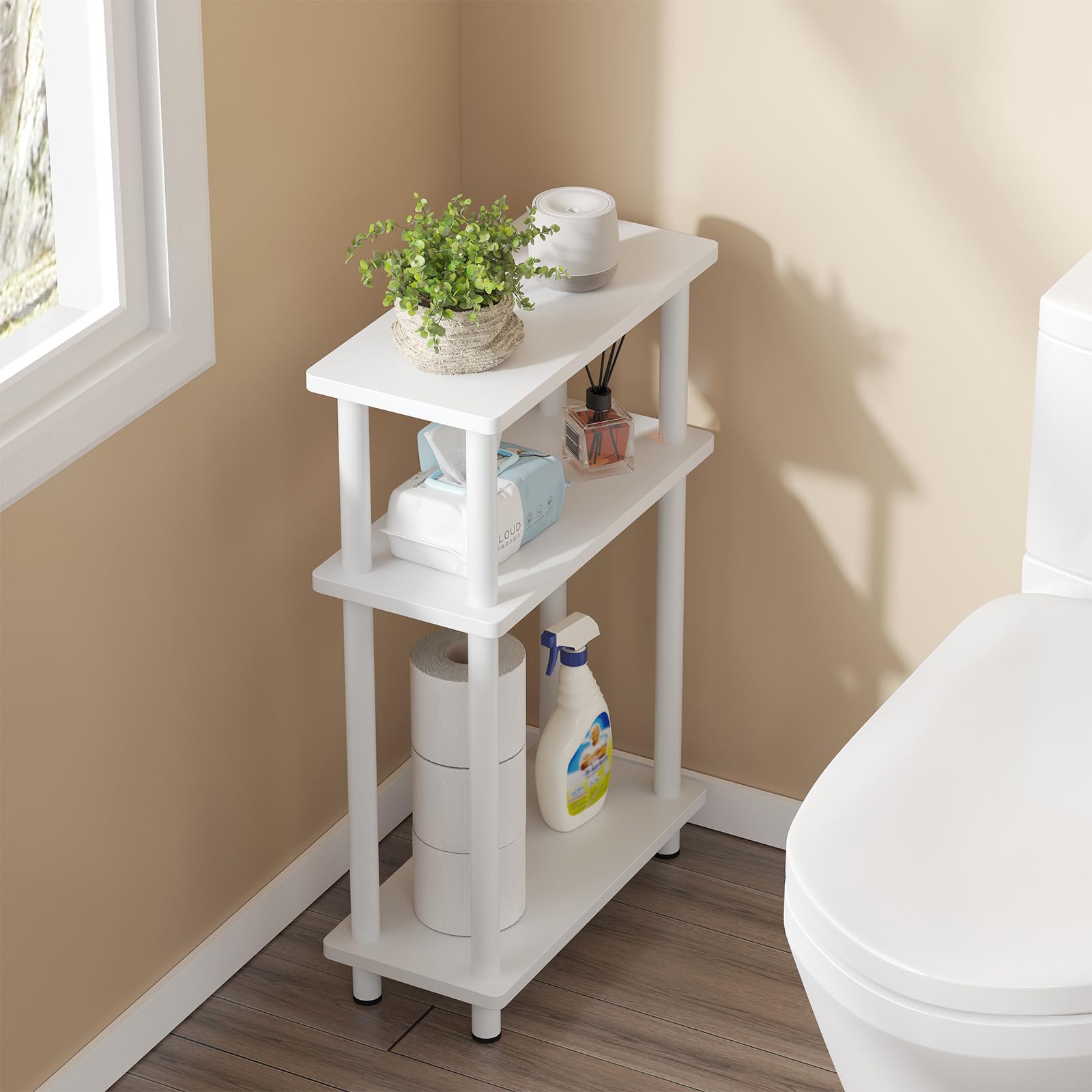 YOUDENOVA Mesa Auxiliar Sofa Estrecha, Mesa Auxiliar de 3 Niveles, Mesita Auxiliar Salon de Estar con Almacenamiento, Ideal para Sala de Estar, balcón, Dormitorio y Estudio, Blanco