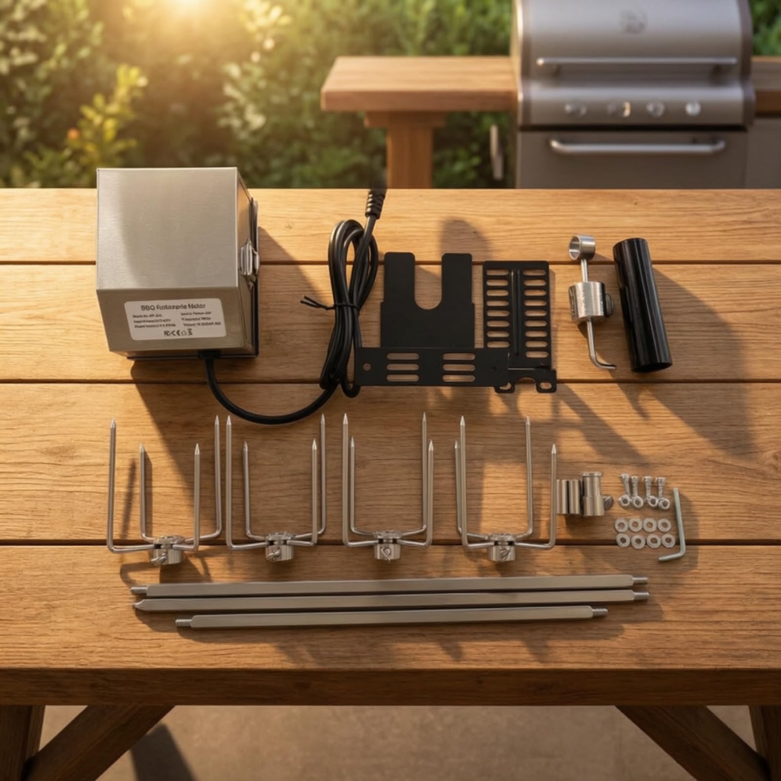 Asador Giratorio Eléctrico Kit Rotisserie Parrilla Barbacoa Motor Acero Inoxidable Ajuste Modular Varillas 42cm 35cm Rotación Estable Adecuado para Camping Aire Libre Jardín