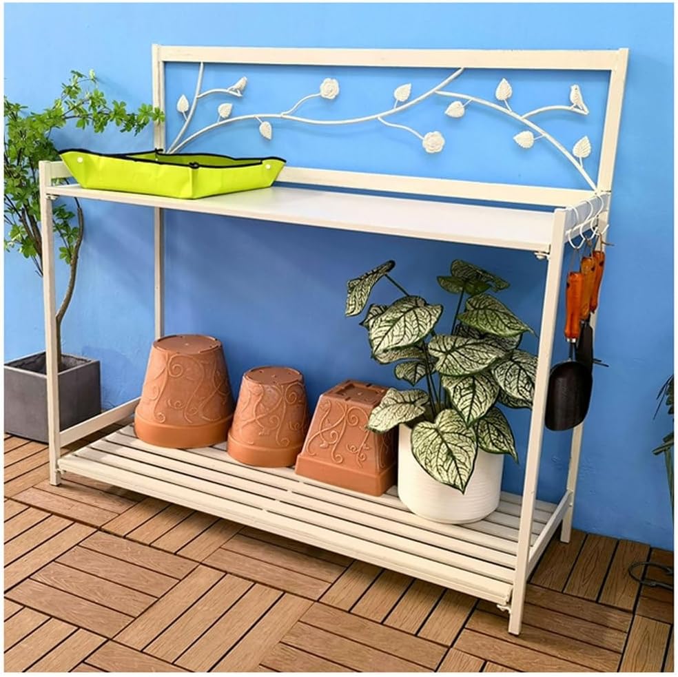 Outdoor Potting Bench with 2- Tier Patio Metal Potting Table Open Shelf, Garden Work Station Table for Planting 126.5x45x115.5cm,White
