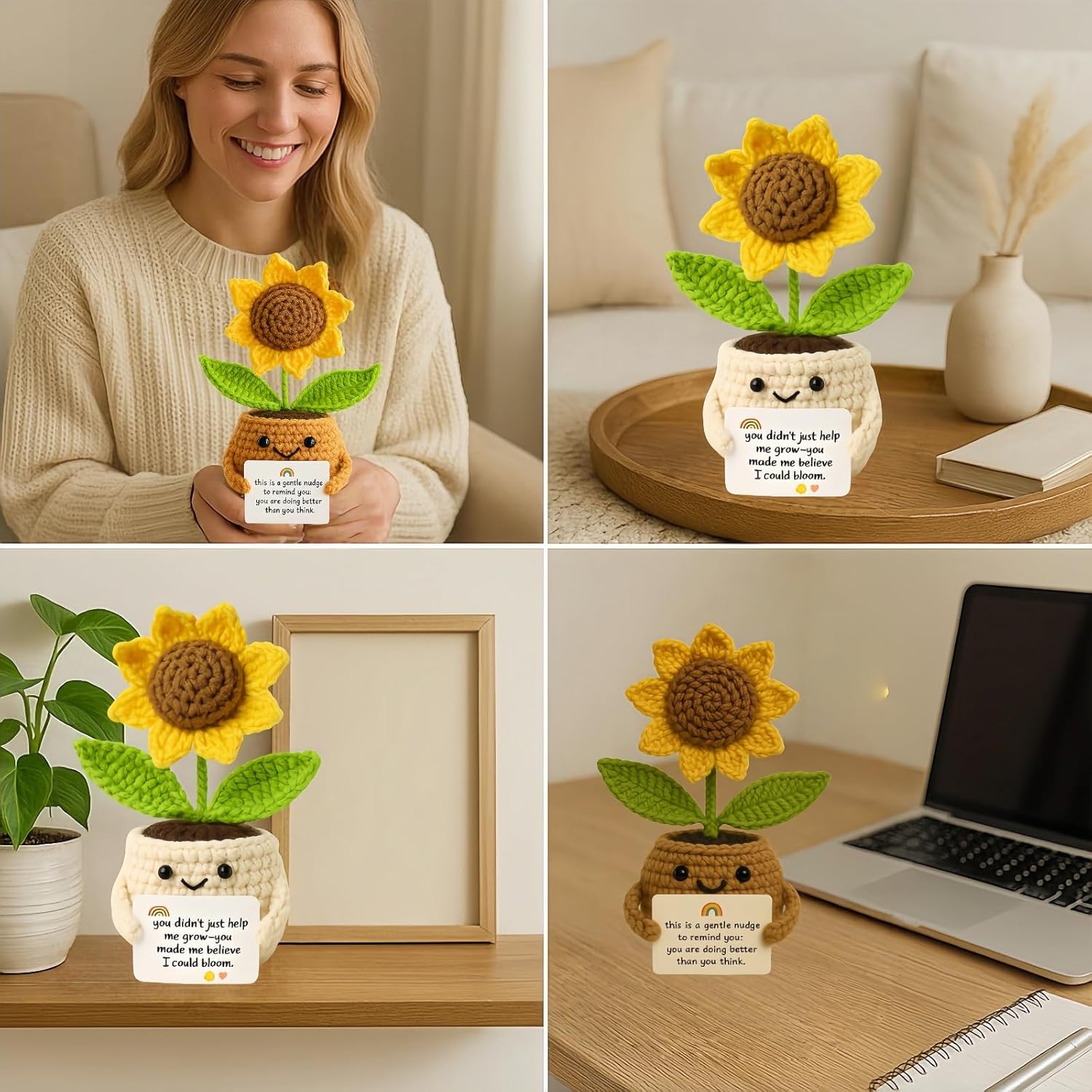 Crochet Sunflower with Positive Messages | Handmade Crochet Flower Desk Decor | Emotional Support Gift for Teacher, Friend, Coworkert | Light Brown Pot - Image 8
