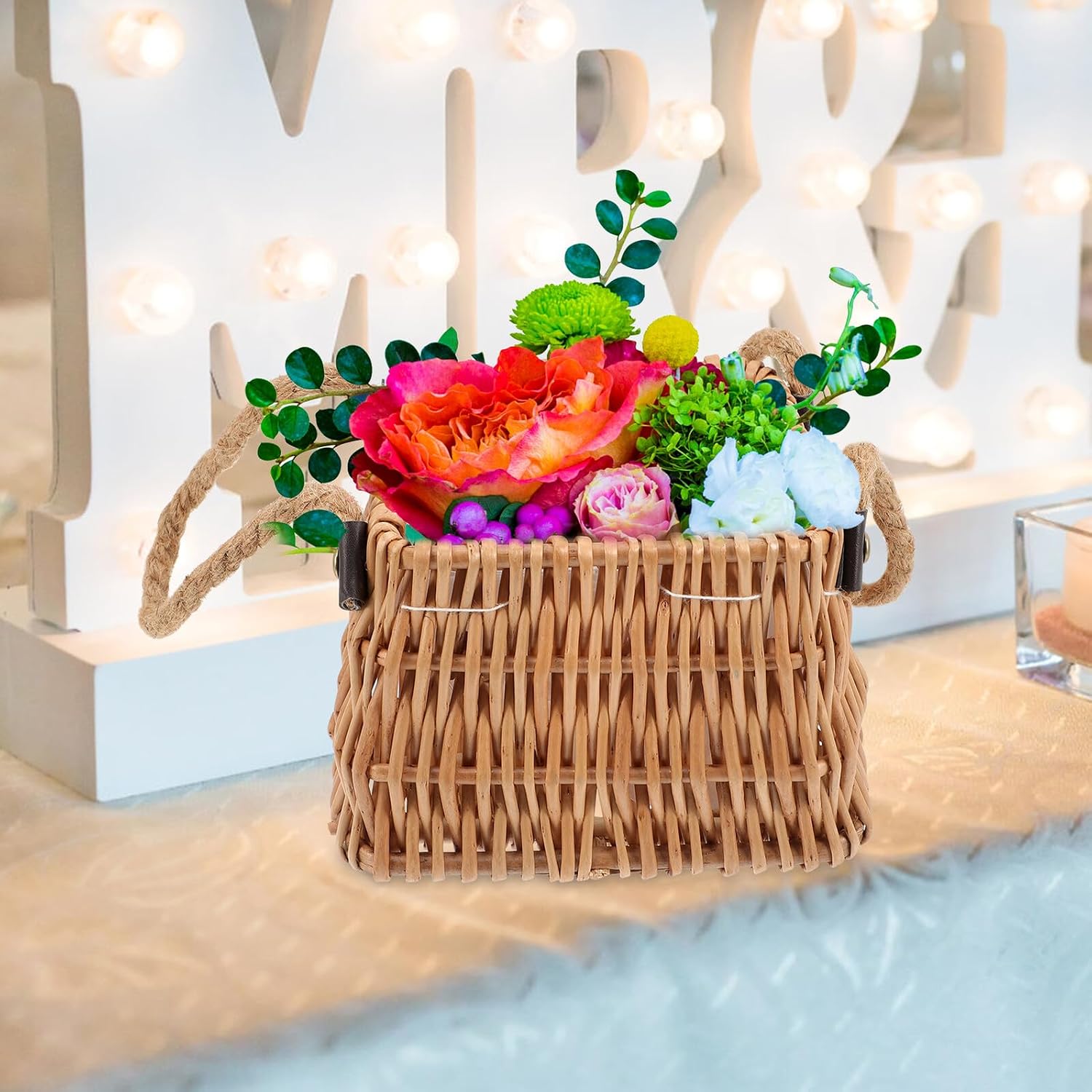 Zerodeko Woven Flower Basket with Handle Portable Decorative Flower Girl Basket for Wedding and Home Decor Square Mouth for Floral Arrangements