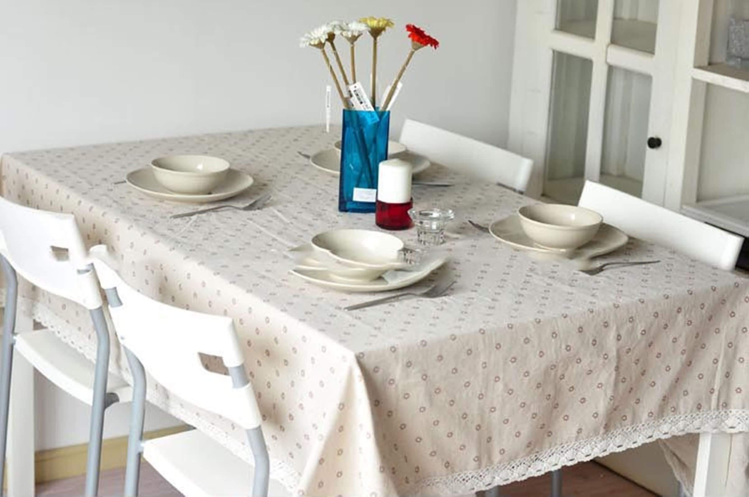 Nappe 140x180CM haut de gamme en lin coton avec dentelle brun et imprimé floral raffiné