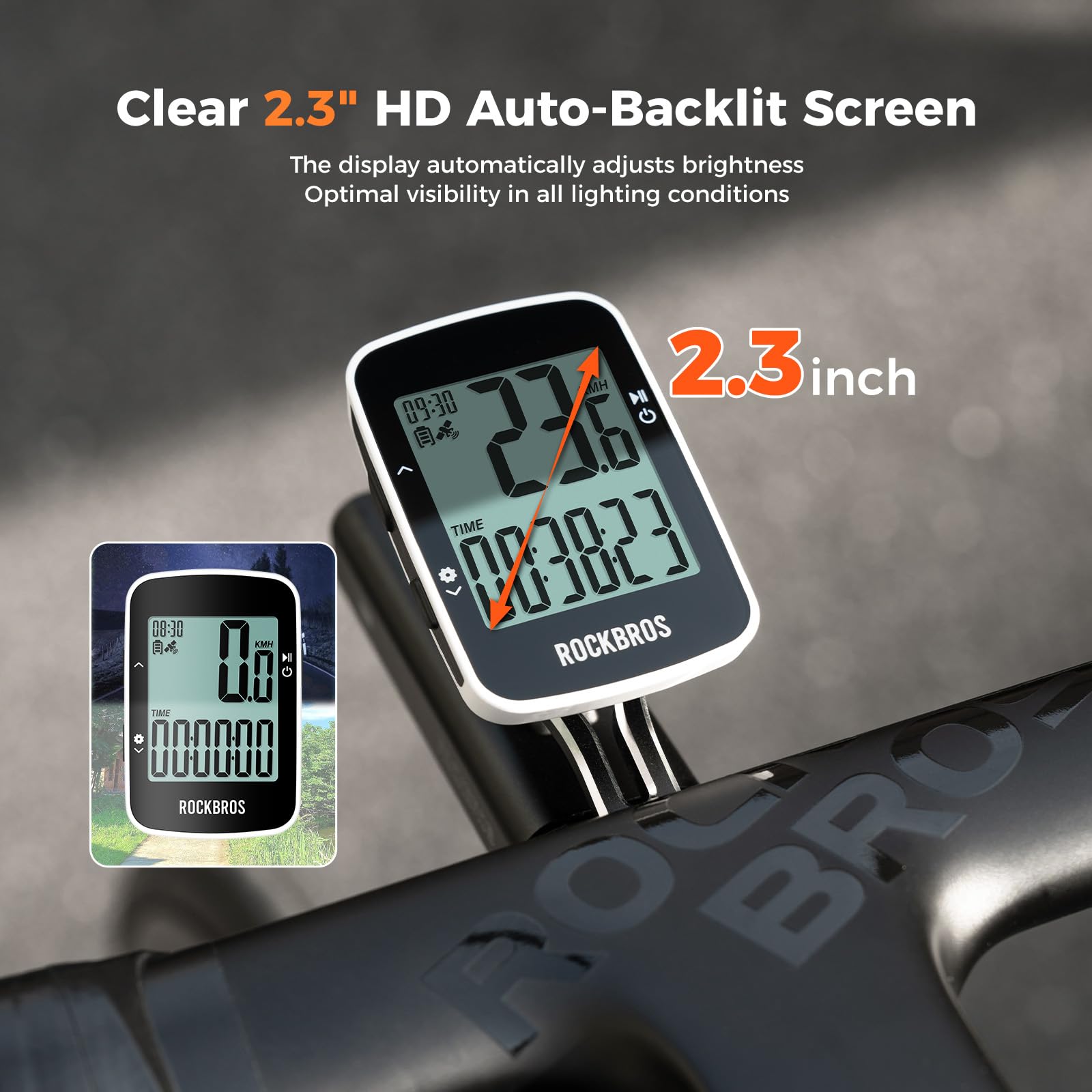 ROCKBROS Wodoodporny komputer rowerowy GPS IPX7, 2,3-calowy wyświetlacz z podświetleniem, bezprzewodowy prędkościomierz Bluetooth i synchronizacja Strava, bateria 600mAh do 18h