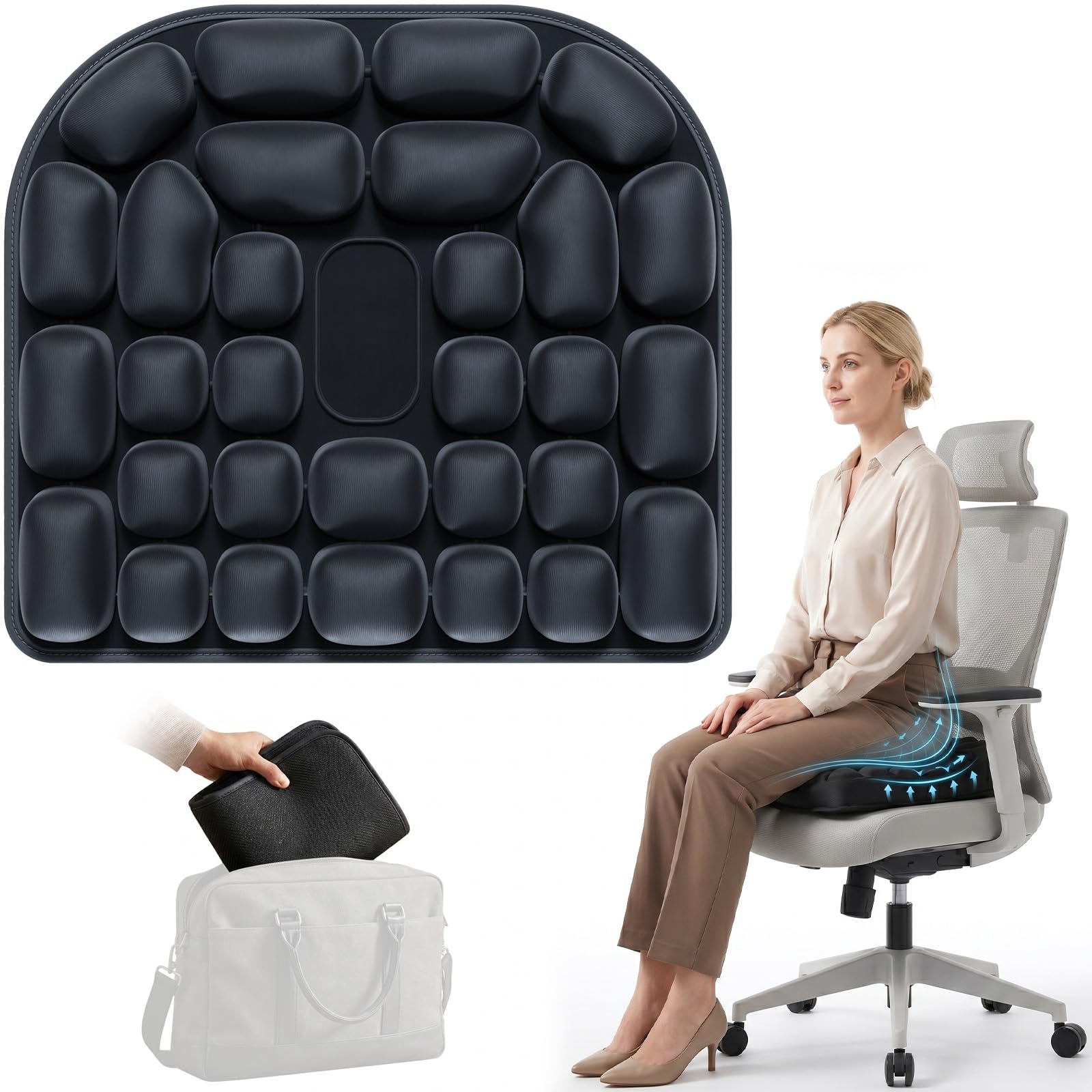 48 x 43 cm, cuscino gonfiabile con celle d'aria 3D, per sedia da ufficio, seggiolino auto, sedia a rotelle, per lunghi viaggi