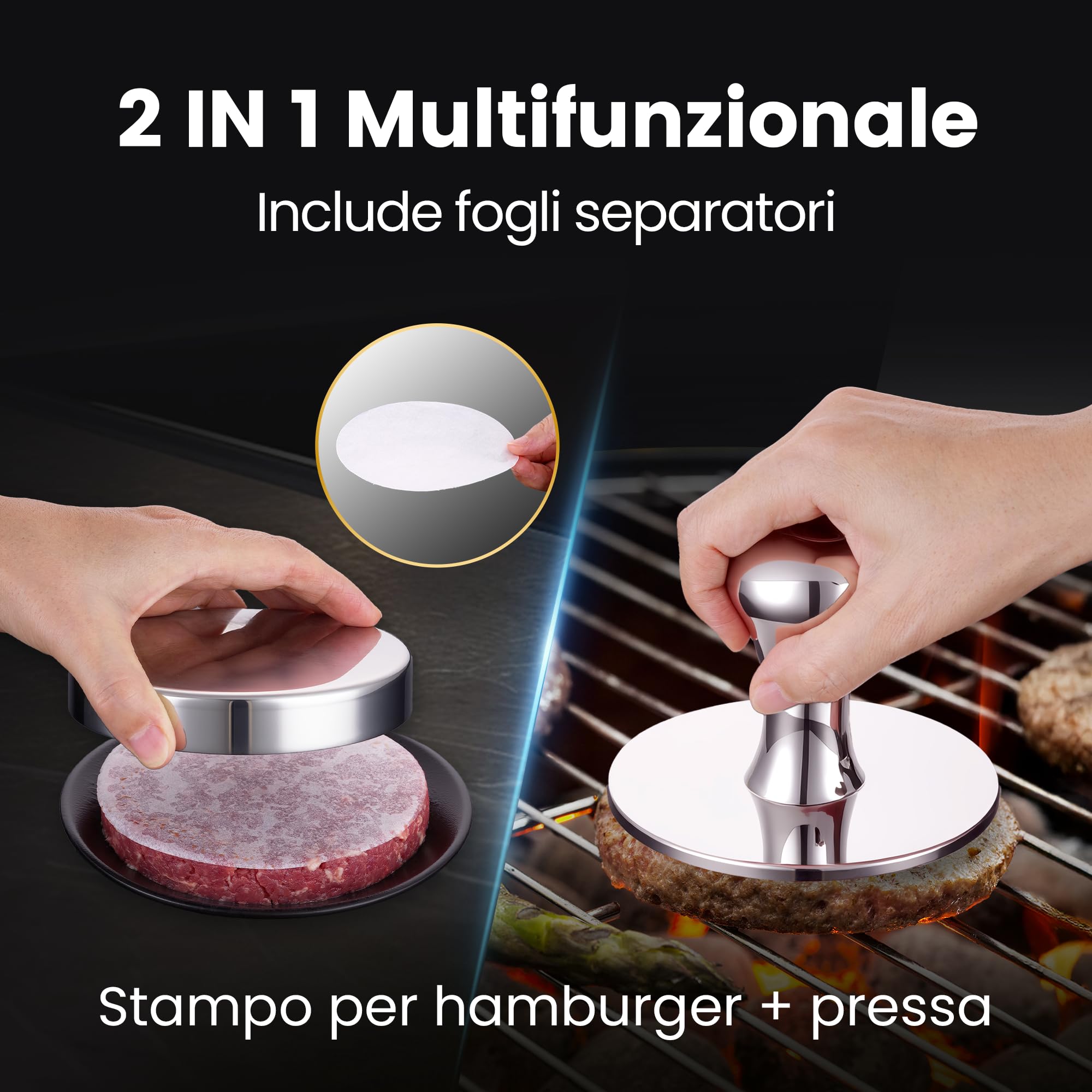 Pressa per hamburger in acciaio inox 2 in 1 | con carta antiaderente inclusa | Perfetta per burger e hamburger | Robusta | lavabile in lavastoviglie | Finitura lucida